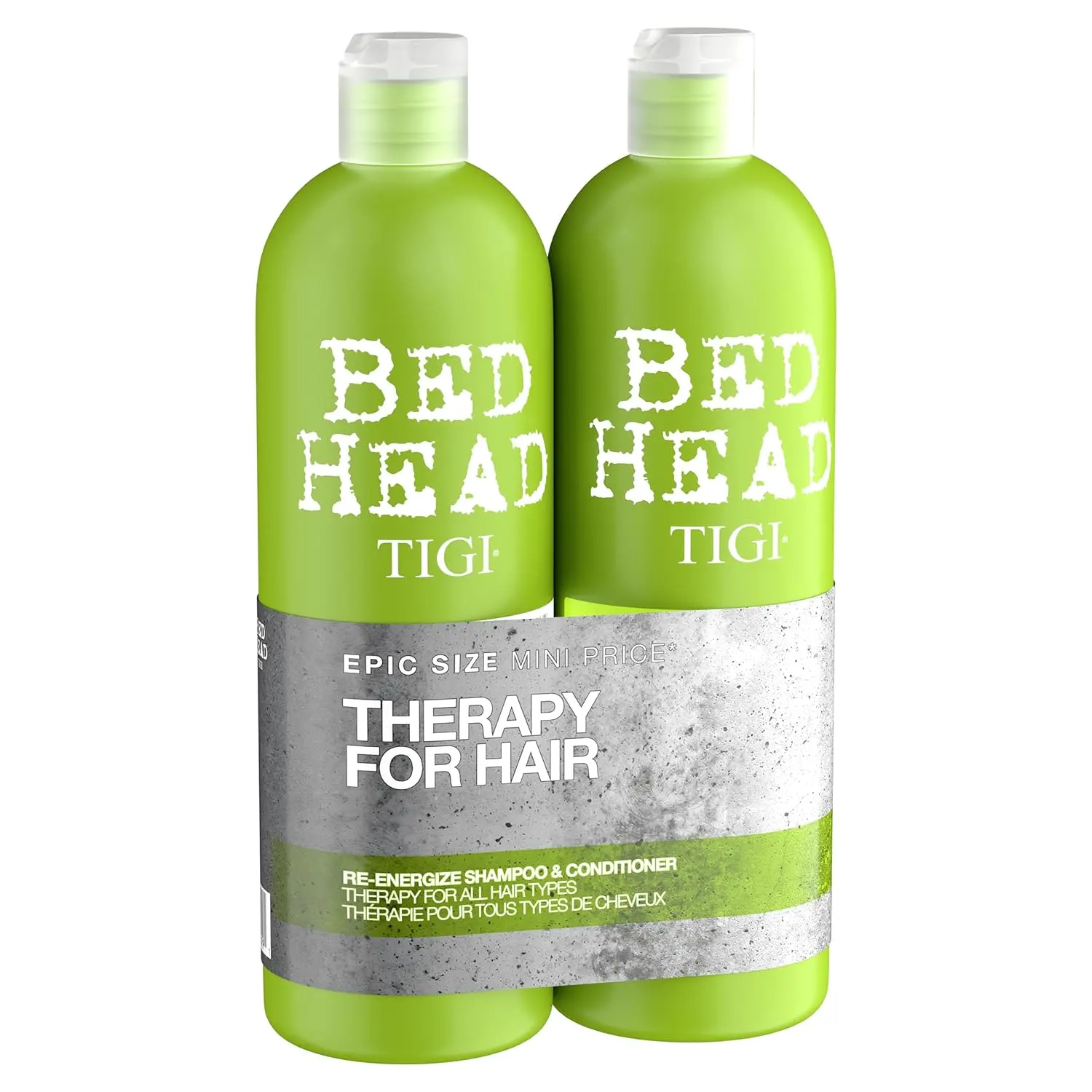 Bed Head by Tigi Re-Energize shampoo and conditioner for normal hair helps remove dirt and grime and smooths and softens hair.
