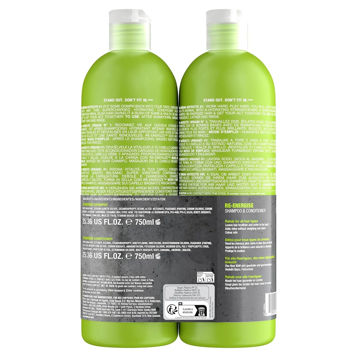 Bed Head by Tigi Re-Energize shampoo and conditioner for normal hair helps remove dirt and grime and smooths and softens hair.
