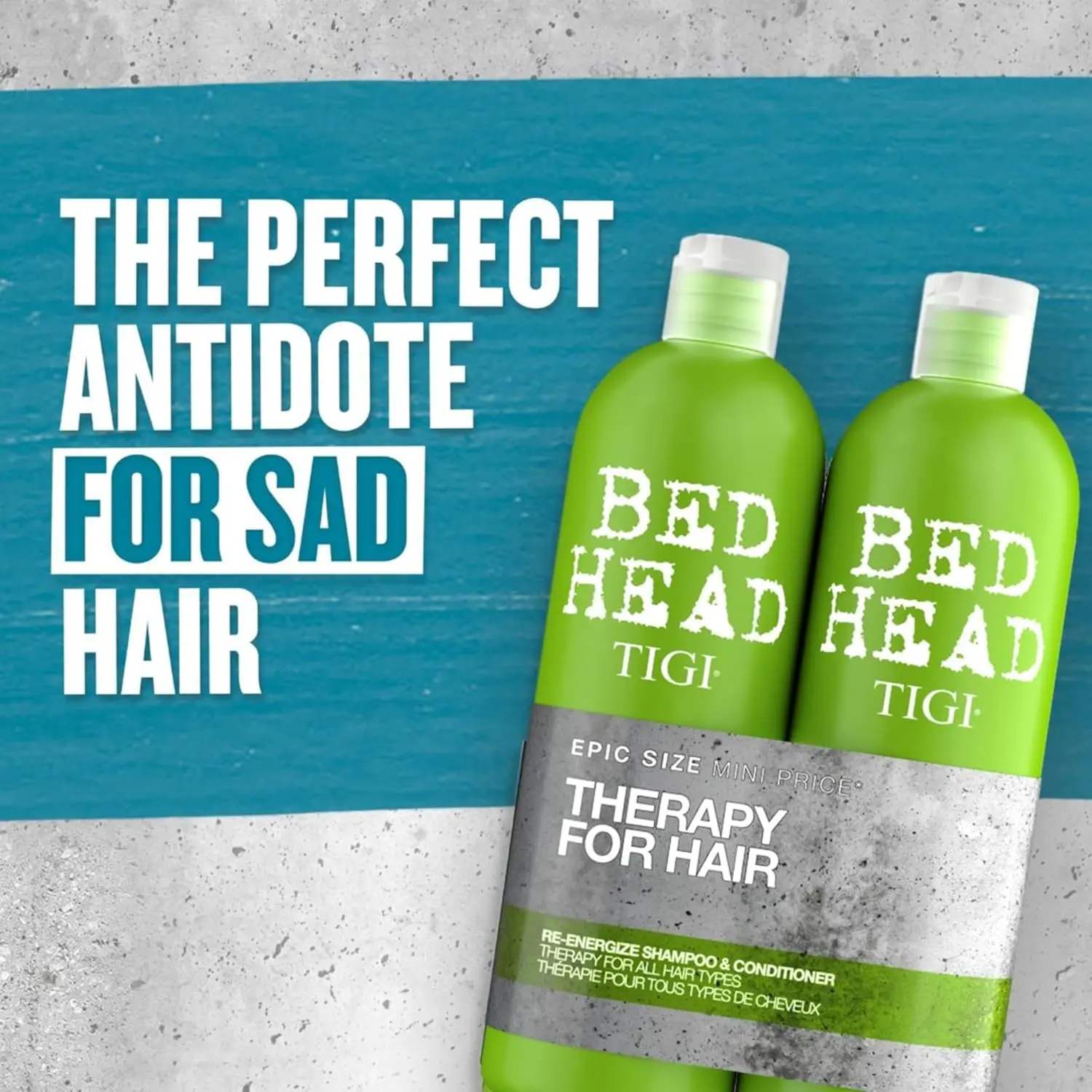 Bed Head by Tigi Re-Energize shampoo and conditioner for normal hair helps remove dirt and grime and smooths and softens hair.