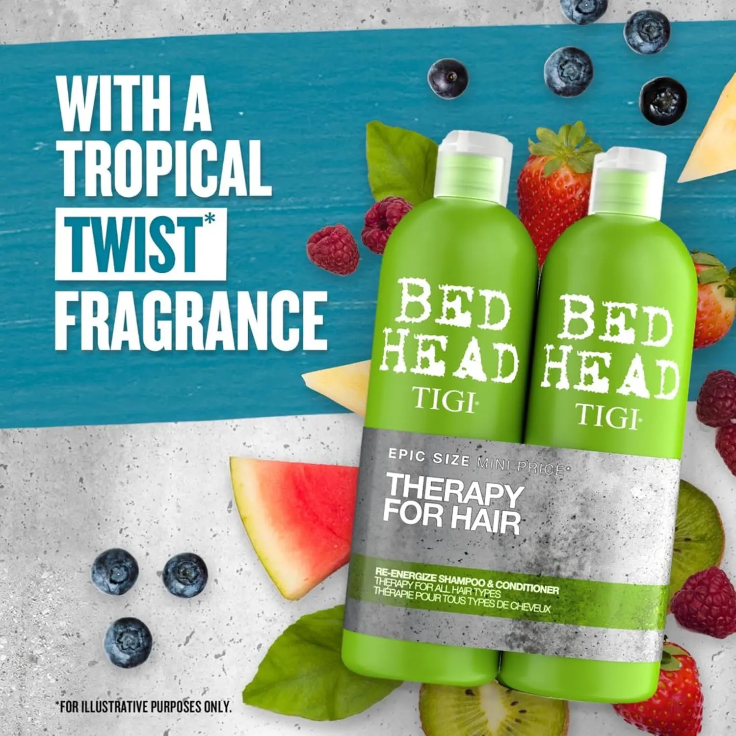 Bed Head by Tigi Re-Energize shampoo and conditioner for normal hair helps remove dirt and grime and smooths and softens hair.