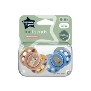 Tommee Tippee Fun Style soothers in blue, sized 18-36 months, featuring a symmetrical orthodontic design and included sterilizer case.