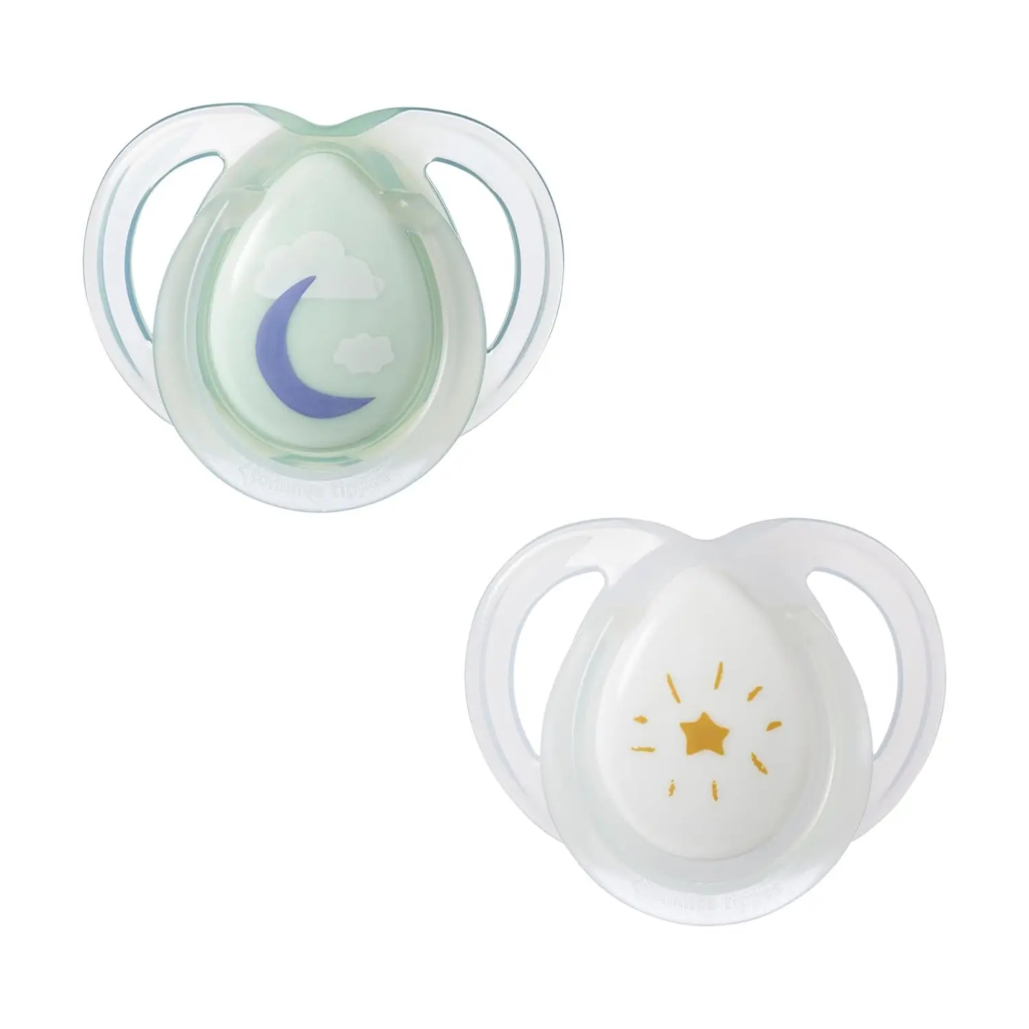 This image shows a 2-pack of Tommee Tippee nighttime pacifiers designed for babies 0-6 months, featuring a glow-in-the-dark design, symmetrical nipple, and a curved shield for comfort and skin protection.