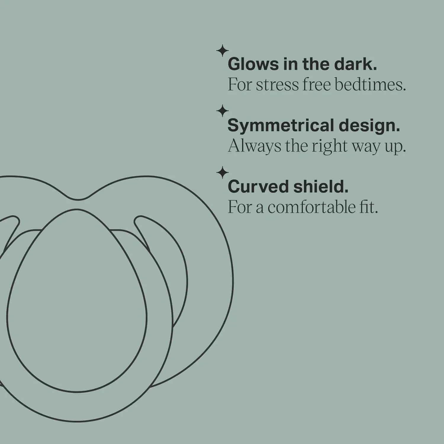 This image shows a 2-pack of Tommee Tippee nighttime pacifiers designed for babies 0-6 months, featuring a glow-in-the-dark design, symmetrical nipple, and a curved shield for comfort and skin protection.