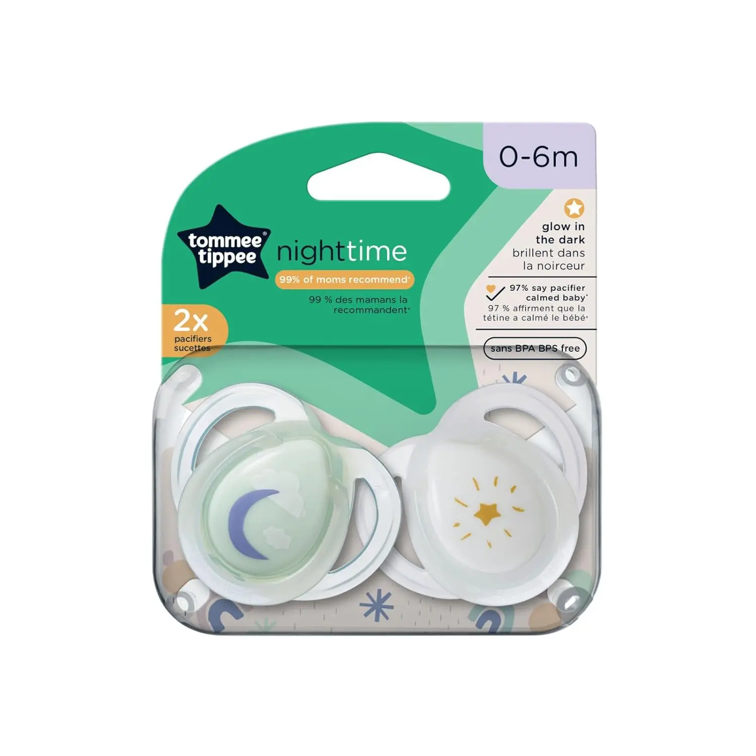 This image shows a 2-pack of Tommee Tippee nighttime pacifiers designed for babies 0-6 months, featuring a glow-in-the-dark design, symmetrical nipple, and a curved shield for comfort and skin protection.