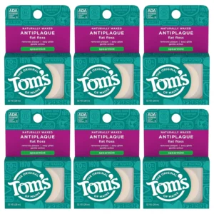 Six packs of Tom's of Maine naturally waxed antiplaque flat dental floss in spearmint flavor.