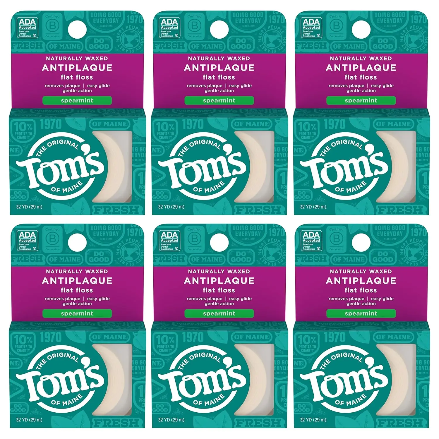 Six packs of Tom's of Maine naturally waxed antiplaque flat dental floss in spearmint flavor.