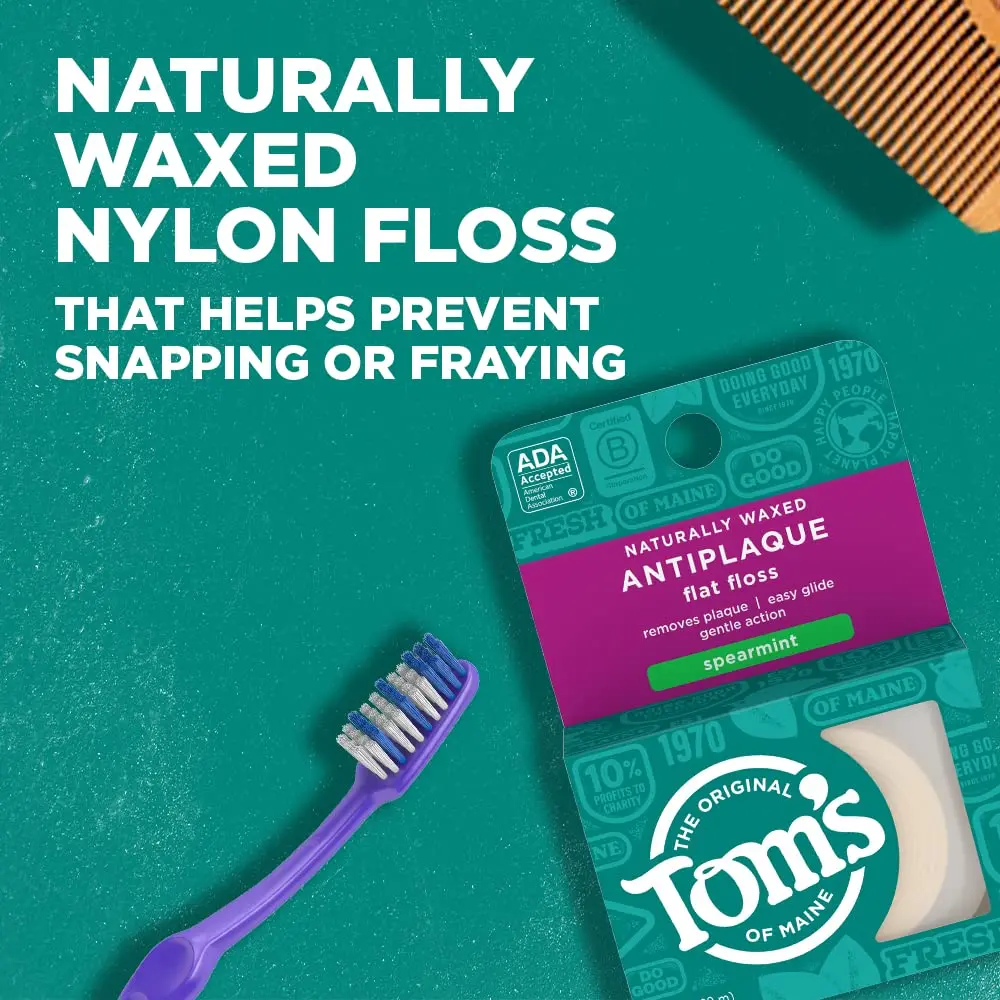 Six packs of Tom's of Maine naturally waxed antiplaque flat dental floss in spearmint flavor.