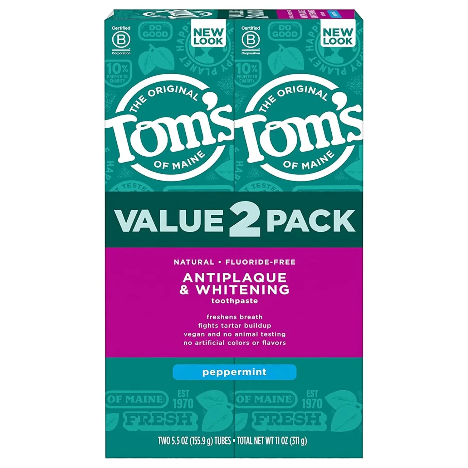 Two tubes of Tom's of Maine Peppermint Fluoride-Free Antiplaque & Whitening Toothpaste for a naturally brighter smile.