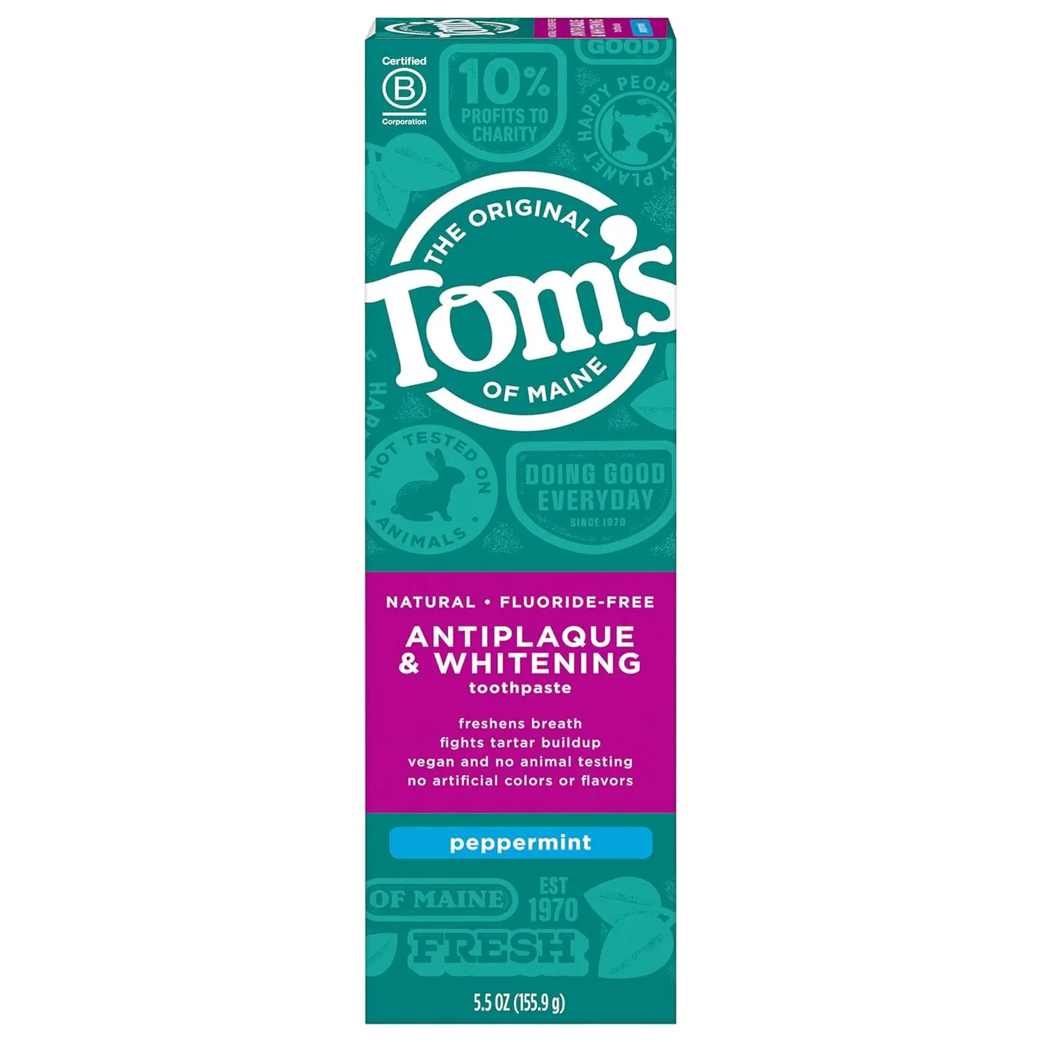 Tom's of Maine fluoride-free whitening toothpaste with peppermint flavor helps remove surface stains for a brighter smile, made with naturally-derived ingredients and never tested on animals.
