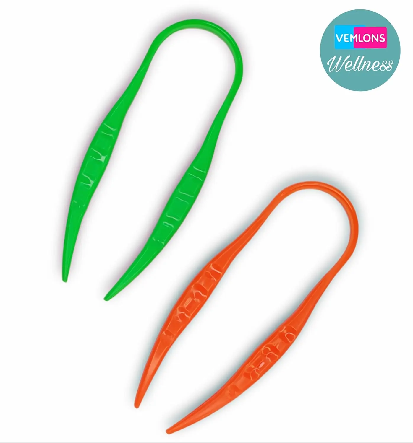 Two multi-colored plastic tongue cleaners with two free toothpicks, made from BPA-free food grade plastic for easy cleaning.