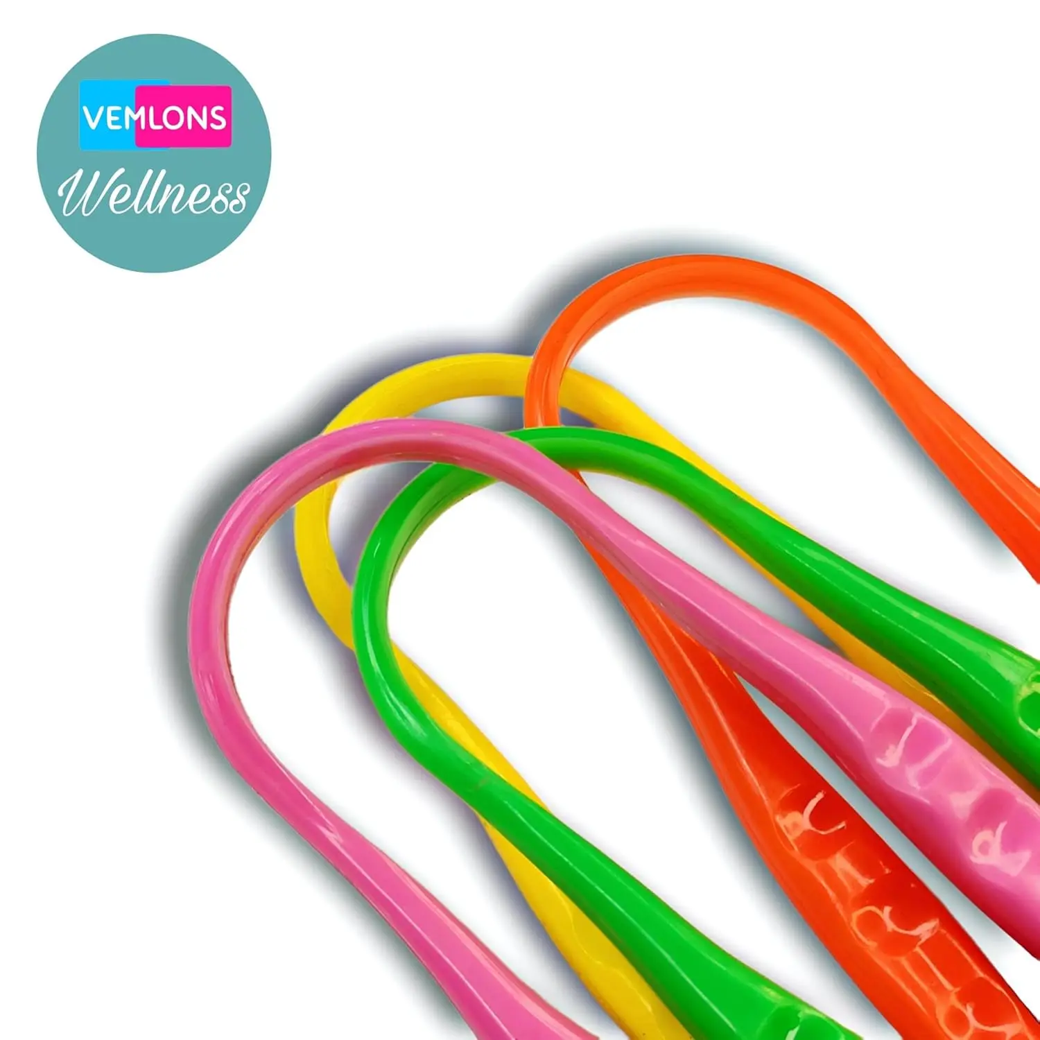 Two multi-colored plastic tongue cleaners with two free toothpicks, made from BPA-free food grade plastic for easy cleaning.