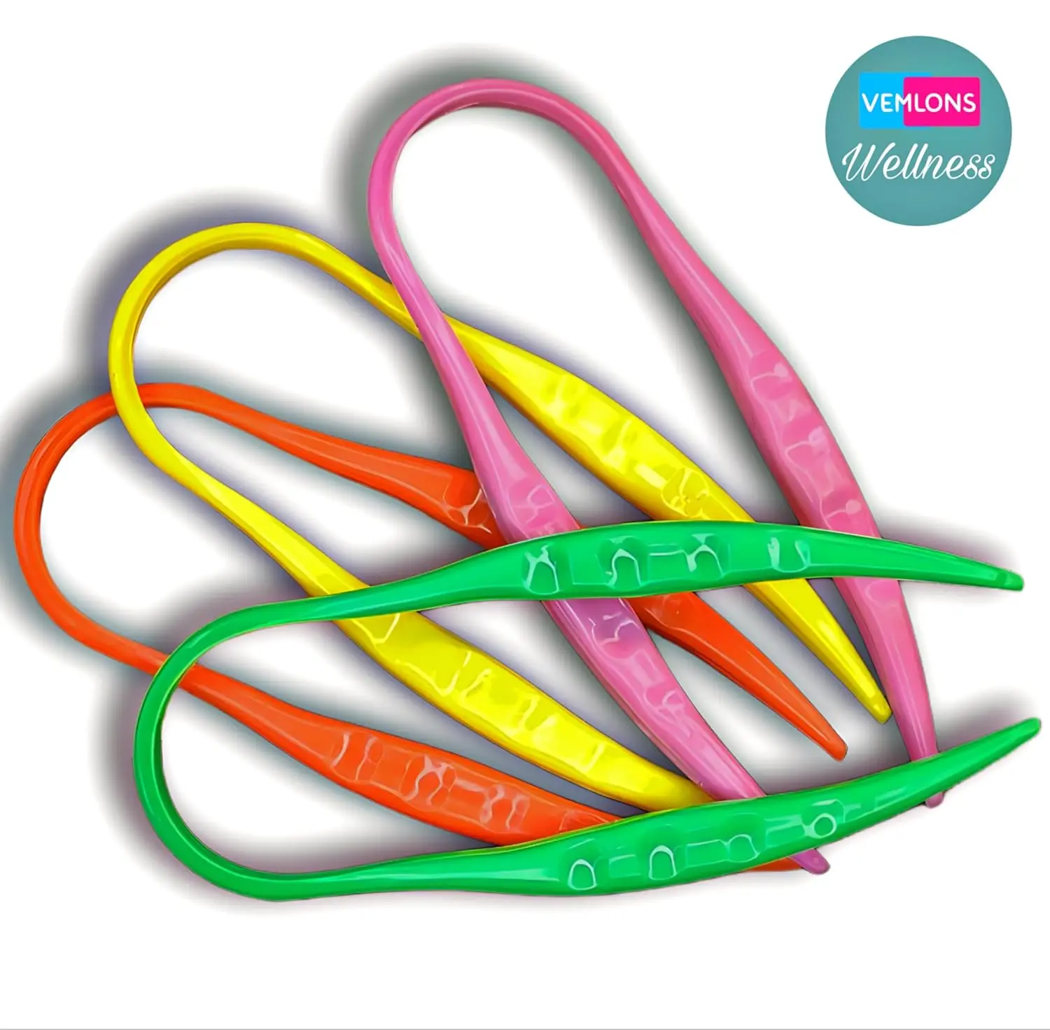 Two multi-colored plastic tongue cleaners with two free toothpicks, made from BPA-free food grade plastic for easy cleaning.