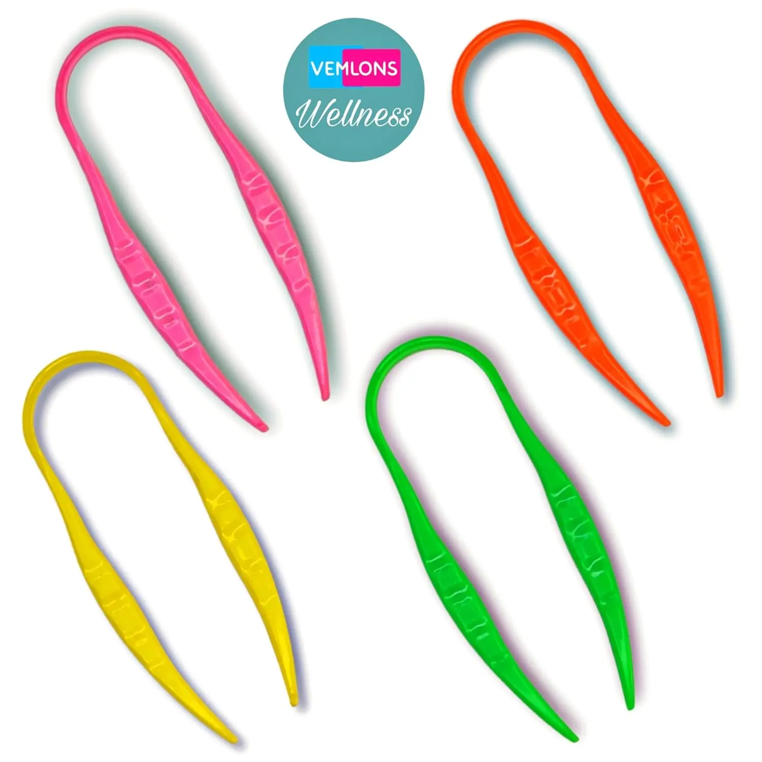 Two multi-colored plastic tongue cleaners with two free toothpicks, made from BPA-free food grade plastic for easy cleaning.