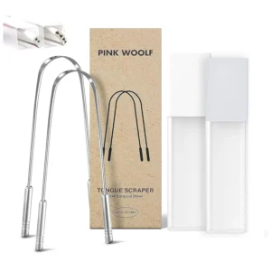 This stainless steel tongue cleaner comes in a 2-pack with unique identifiers and a travel case for improved oral hygiene and fresh breath.