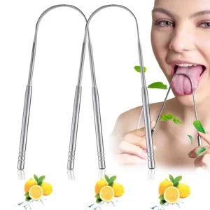 This pack of two stainless steel tongue scrapers effectively cleans the tongue, removes oral dirt, reduces bad breath, and improves overall oral health for adults.