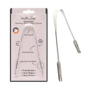 A single HealthAndYoga SteloSwipe tongue cleaner made from sterilizable, surgical-grade stainless steel with a carved handle for a bacteria-free grip.