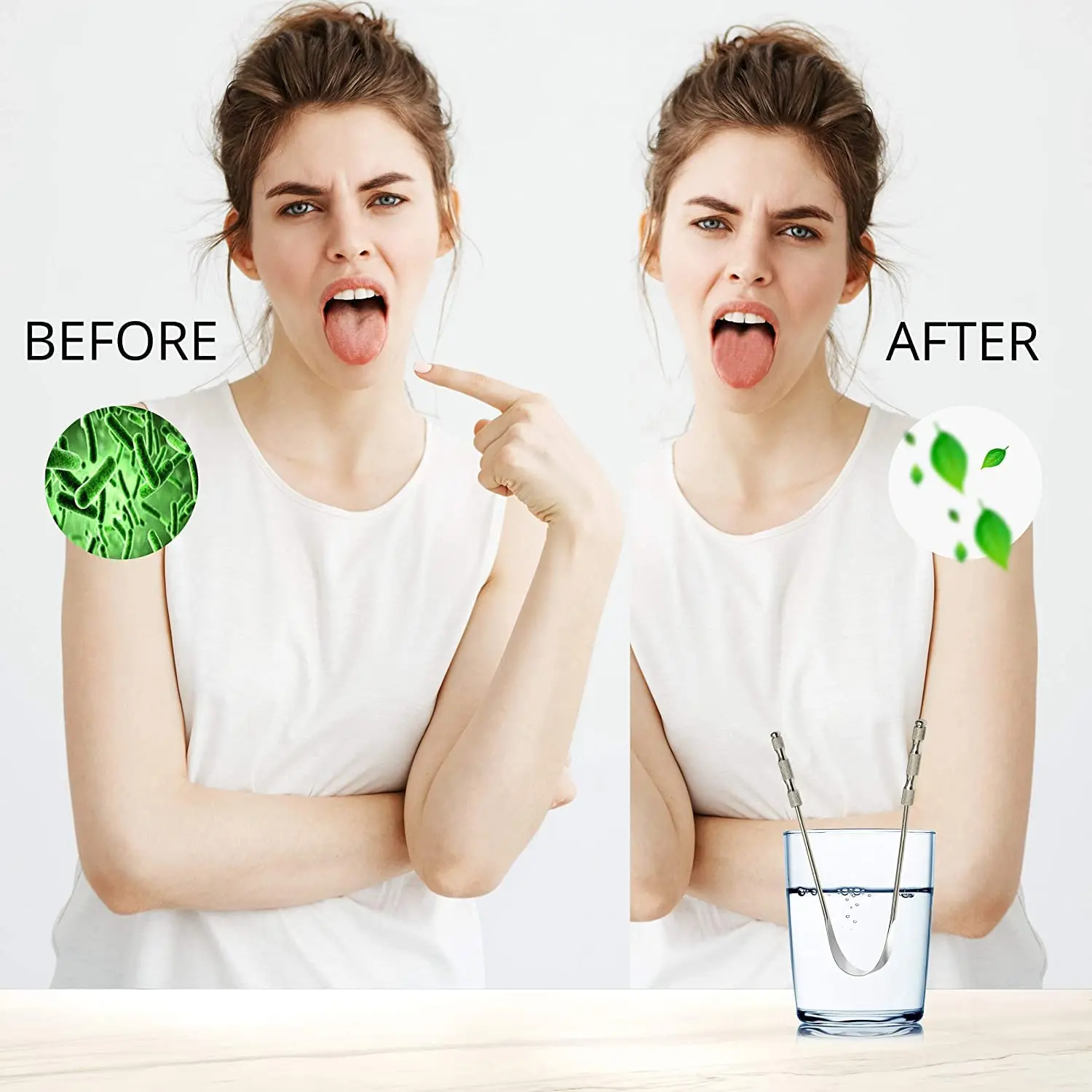 This pack of two stainless steel tongue scrapers effectively cleans the tongue, removes oral dirt, reduces bad breath, and improves overall oral health for adults.