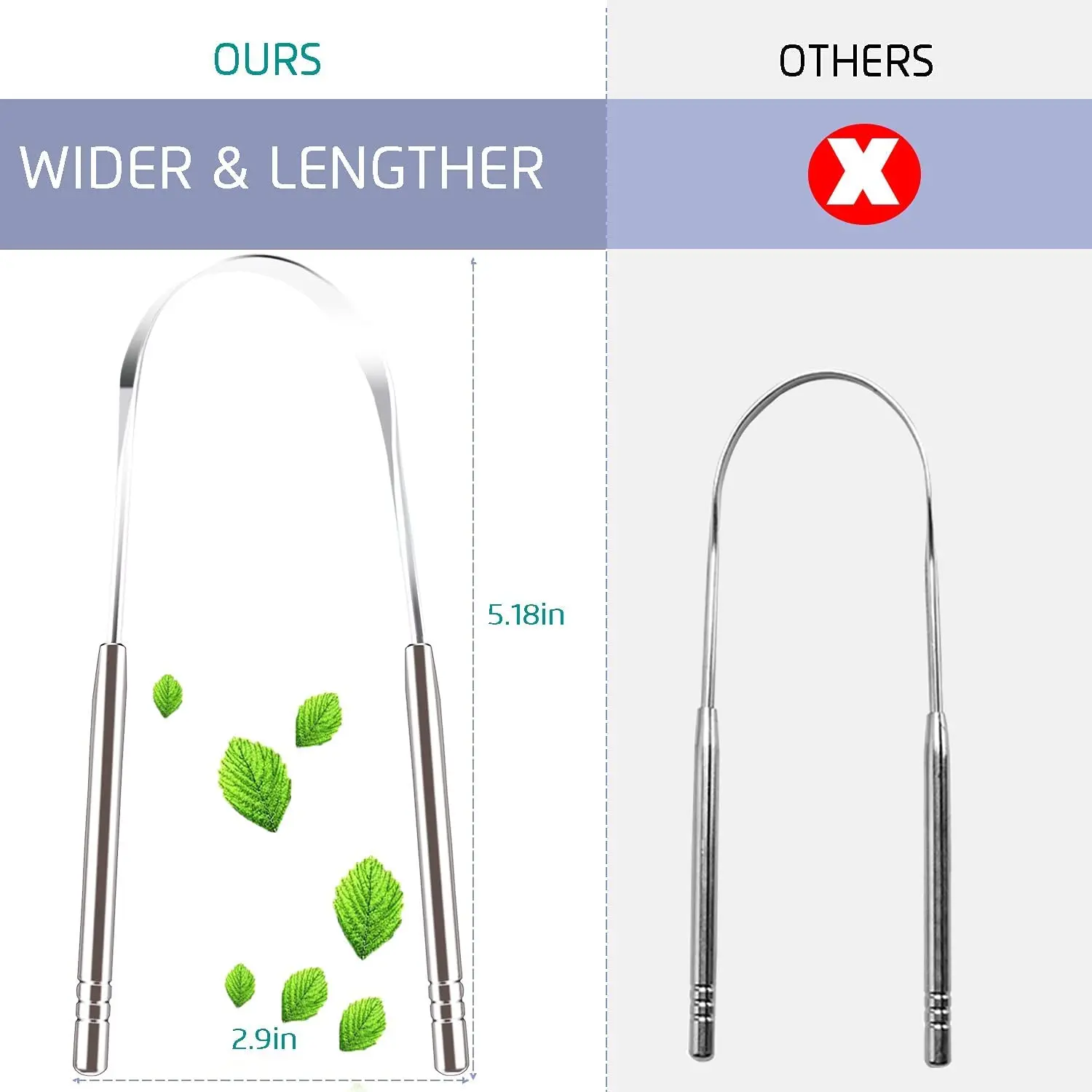 This pack of two stainless steel tongue scrapers effectively cleans the tongue, removes oral dirt, reduces bad breath, and improves overall oral health for adults.