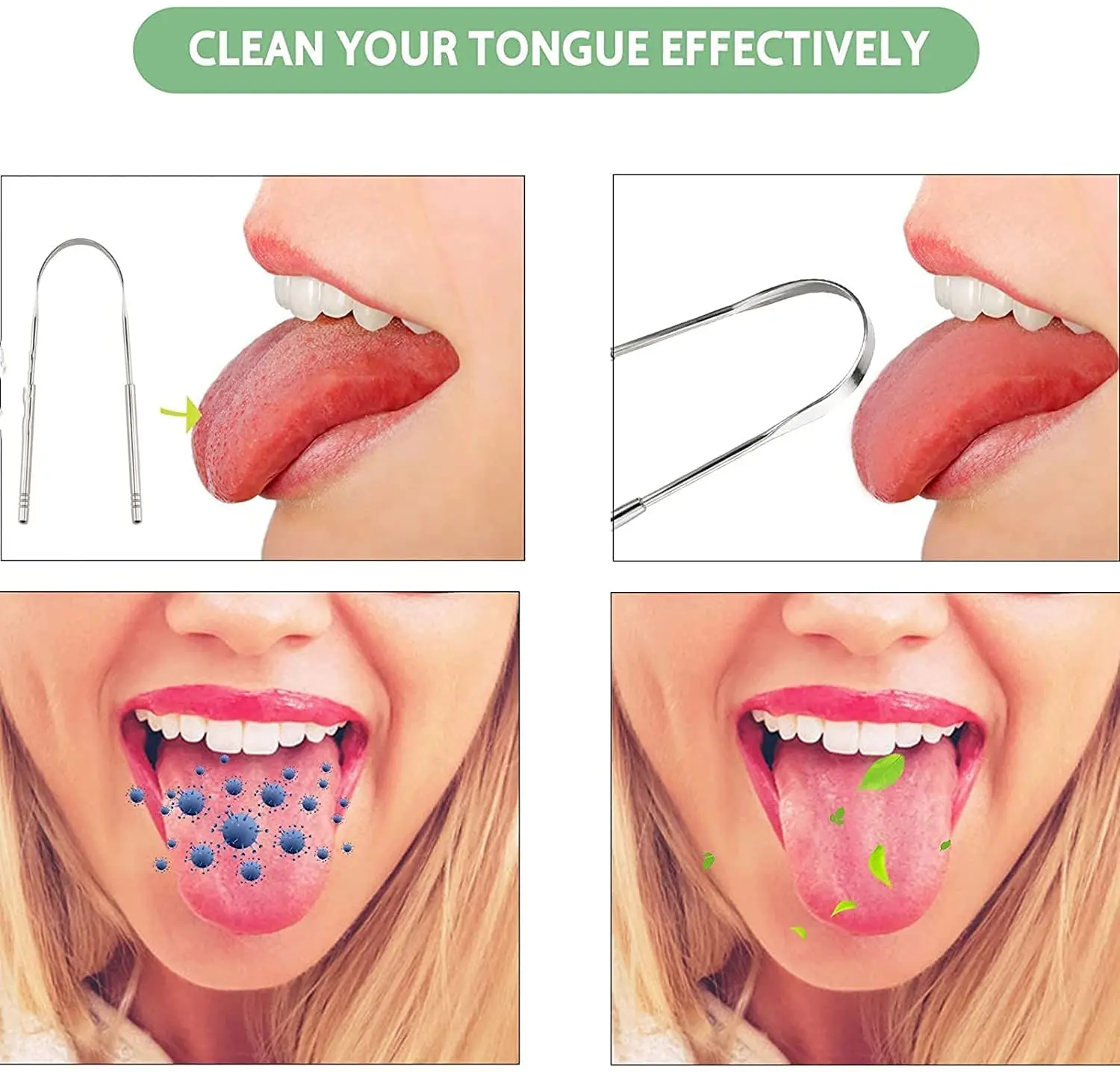This pack of two stainless steel tongue scrapers effectively cleans the tongue, removes oral dirt, reduces bad breath, and improves overall oral health for adults.