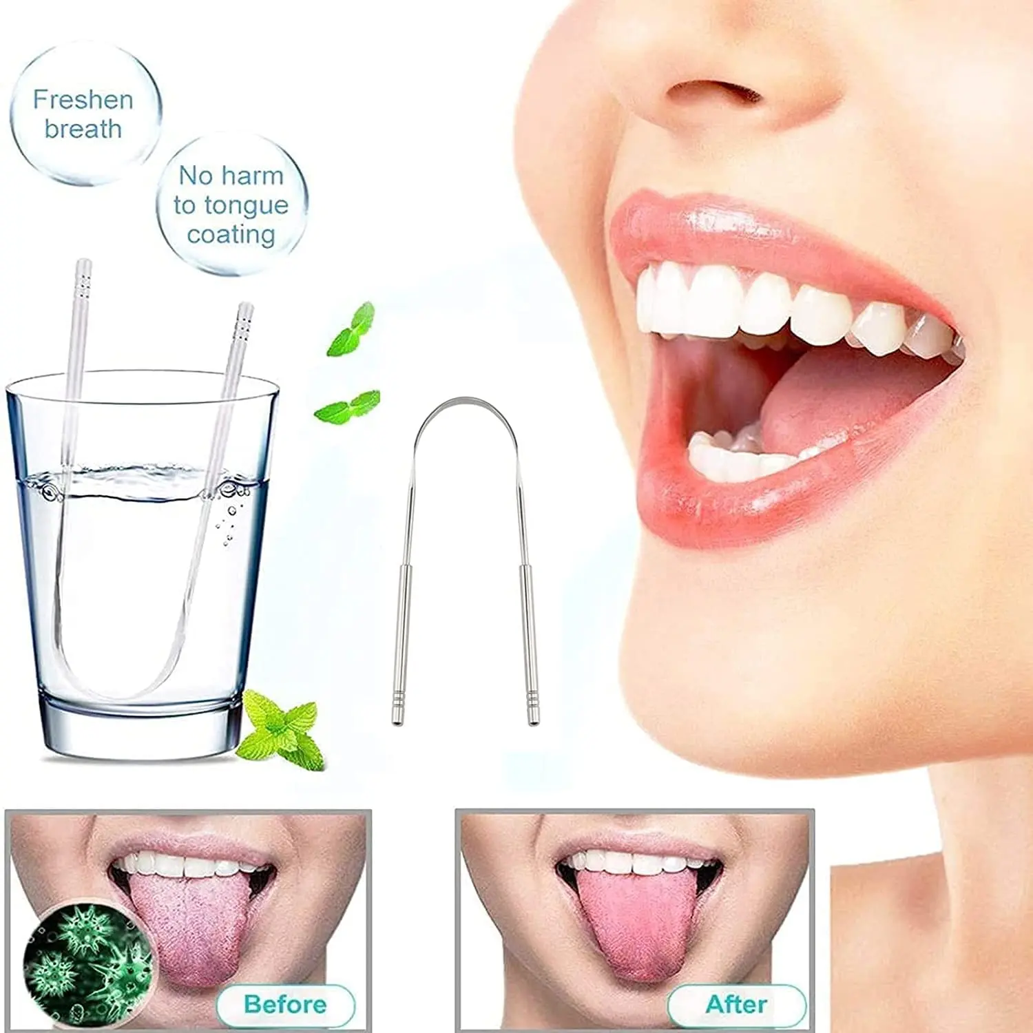 This pack of two stainless steel tongue scrapers effectively cleans the tongue, removes oral dirt, reduces bad breath, and improves overall oral health for adults.