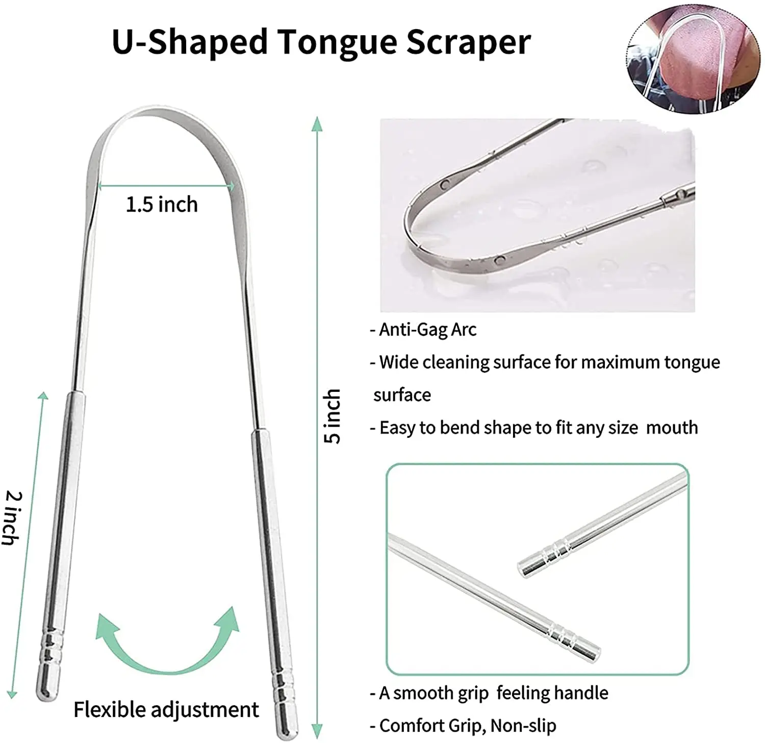 This pack of two stainless steel tongue scrapers effectively cleans the tongue, removes oral dirt, reduces bad breath, and improves overall oral health for adults.