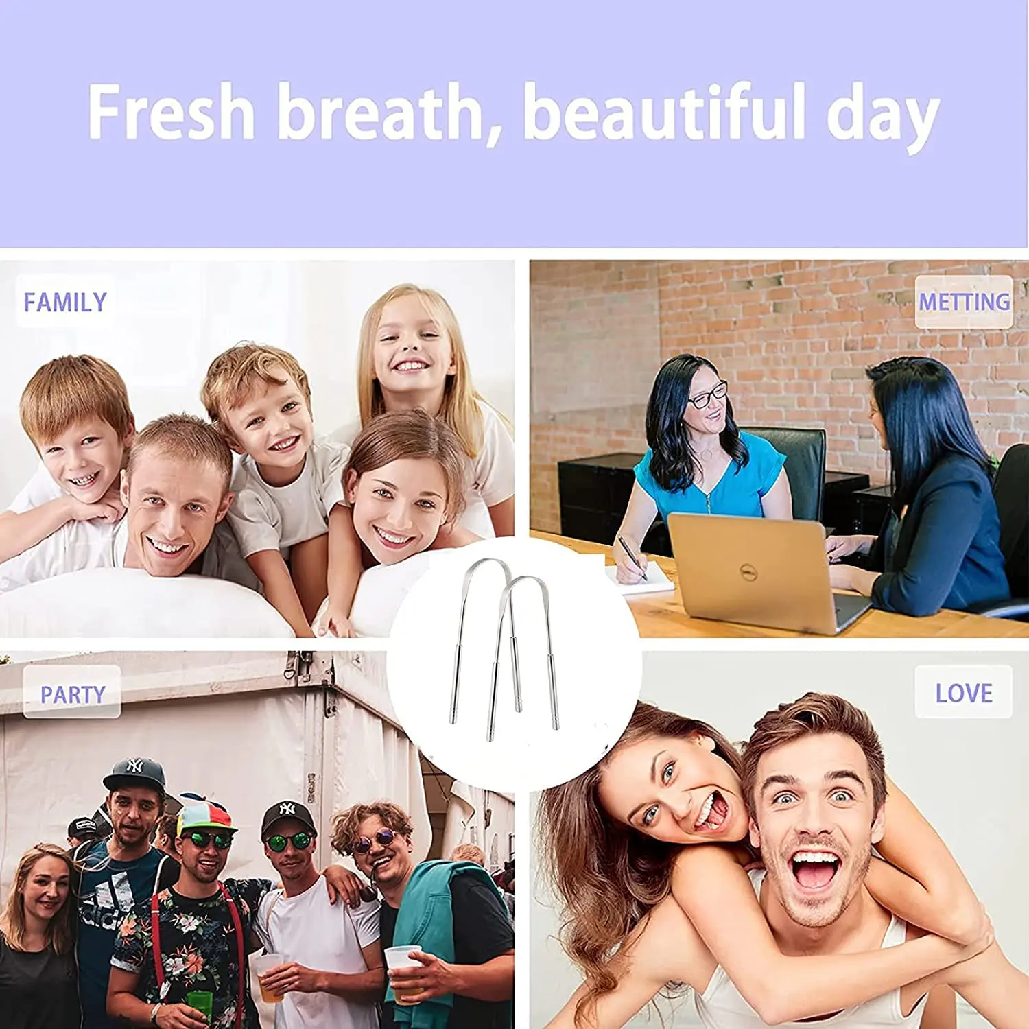 This pack of two stainless steel tongue scrapers effectively cleans the tongue, removes oral dirt, reduces bad breath, and improves overall oral health for adults.