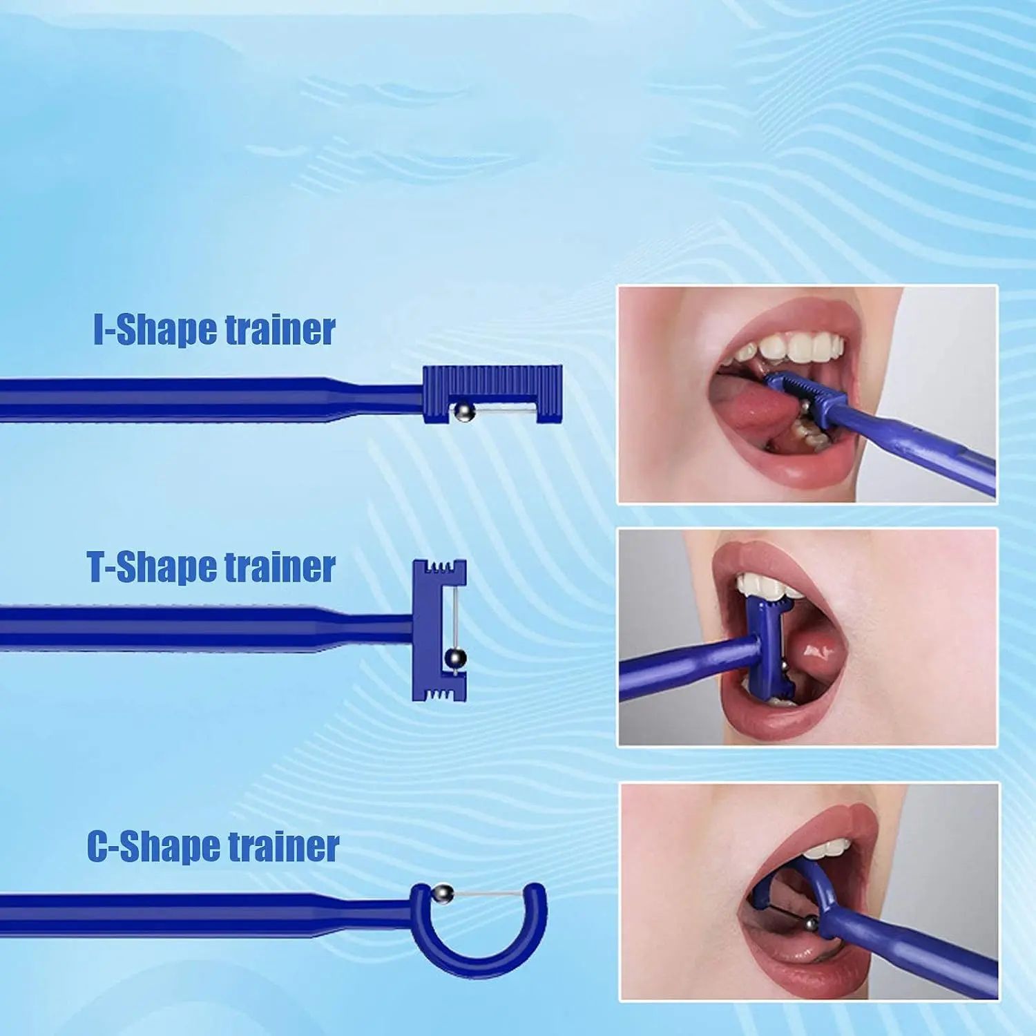 This tongue exercise tool set includes three pieces for lateralization, lifting, and overall oral muscle strength training.