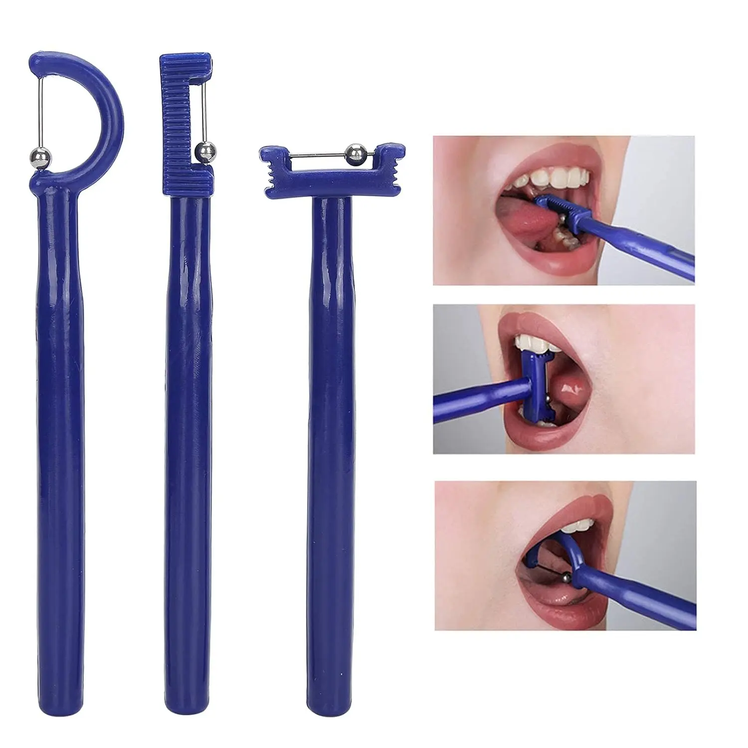 This tongue exercise tool set includes three pieces for lateralization, lifting, and overall oral muscle strength training.