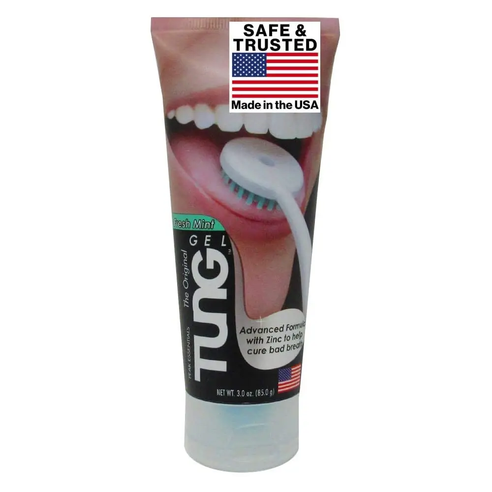 This is a tube of Tung Gel, a specially formulated mint flavored tongue cleaner designed for use with a tongue brush to remove odor-causing bacteria and freshen breath.