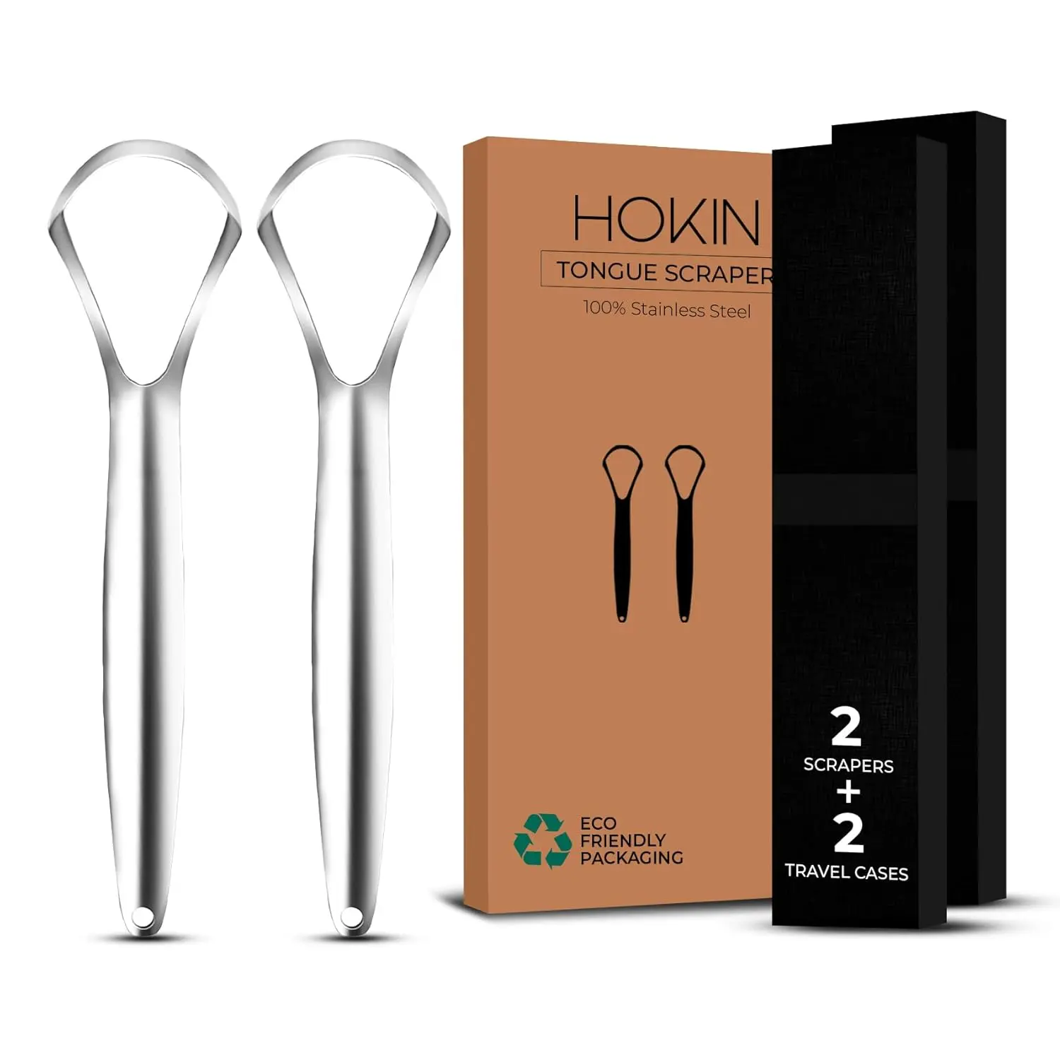 This stainless steel tongue scraper by HOKIN effectively removes bacteria and debris, promoting fresher breath and improved oral hygiene for adults.