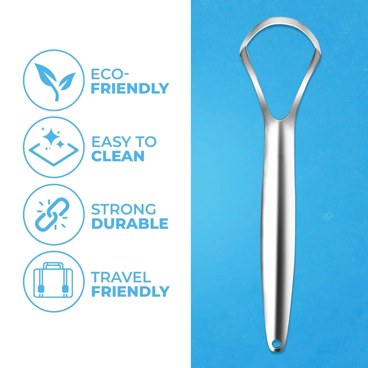 This stainless steel tongue scraper by HOKIN effectively removes bacteria and debris, promoting fresher breath and improved oral hygiene for adults.