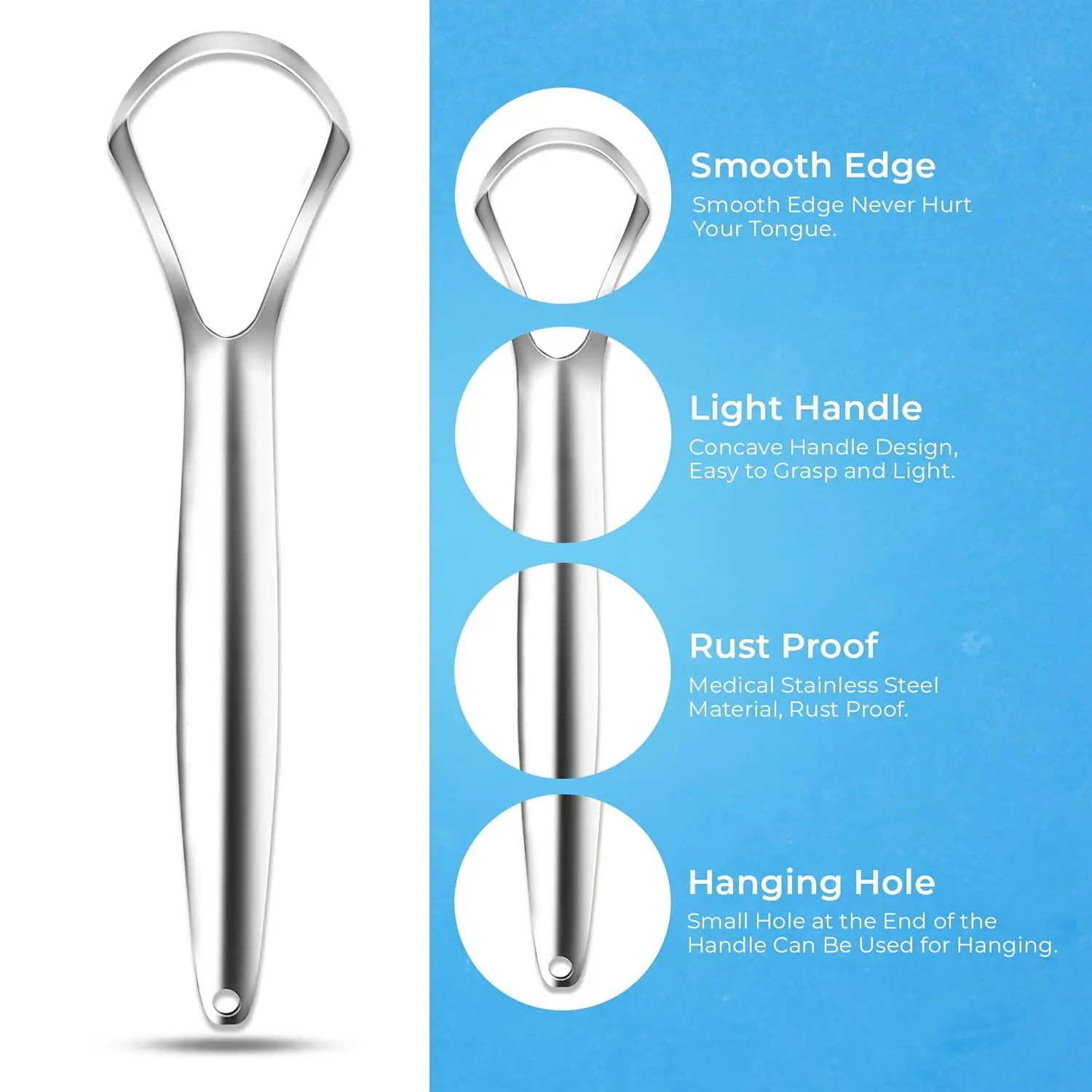This stainless steel tongue scraper by HOKIN effectively removes bacteria and debris, promoting fresher breath and improved oral hygiene for adults.