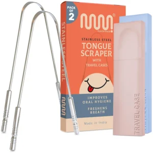 This two pack of MasterMedi stainless steel tongue scrapers comes with travel cases to help adults reduce bad breath and improve oral hygiene.