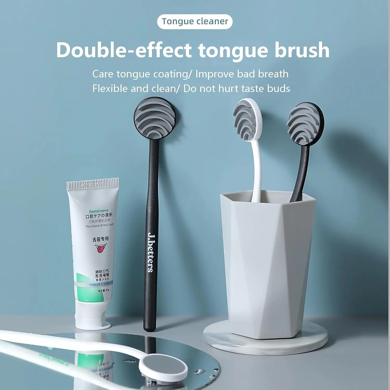 Two-pack of silicone tongue scrapers effectively removes plaque and bacteria for fresher breath and improved oral health in adults.