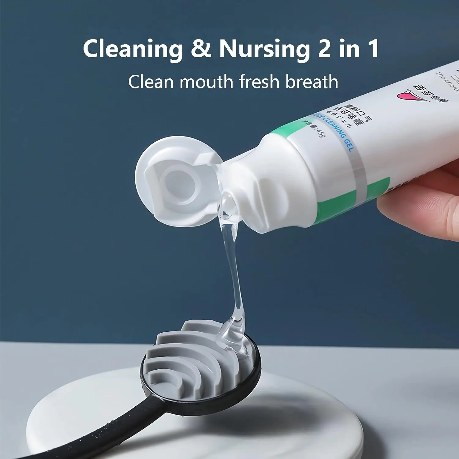 Two-pack of silicone tongue scrapers effectively removes plaque and bacteria for fresher breath and improved oral health in adults.