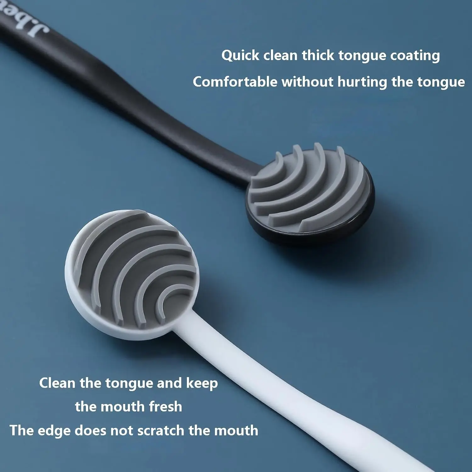 Two-pack of silicone tongue scrapers effectively removes plaque and bacteria for fresher breath and improved oral health in adults.