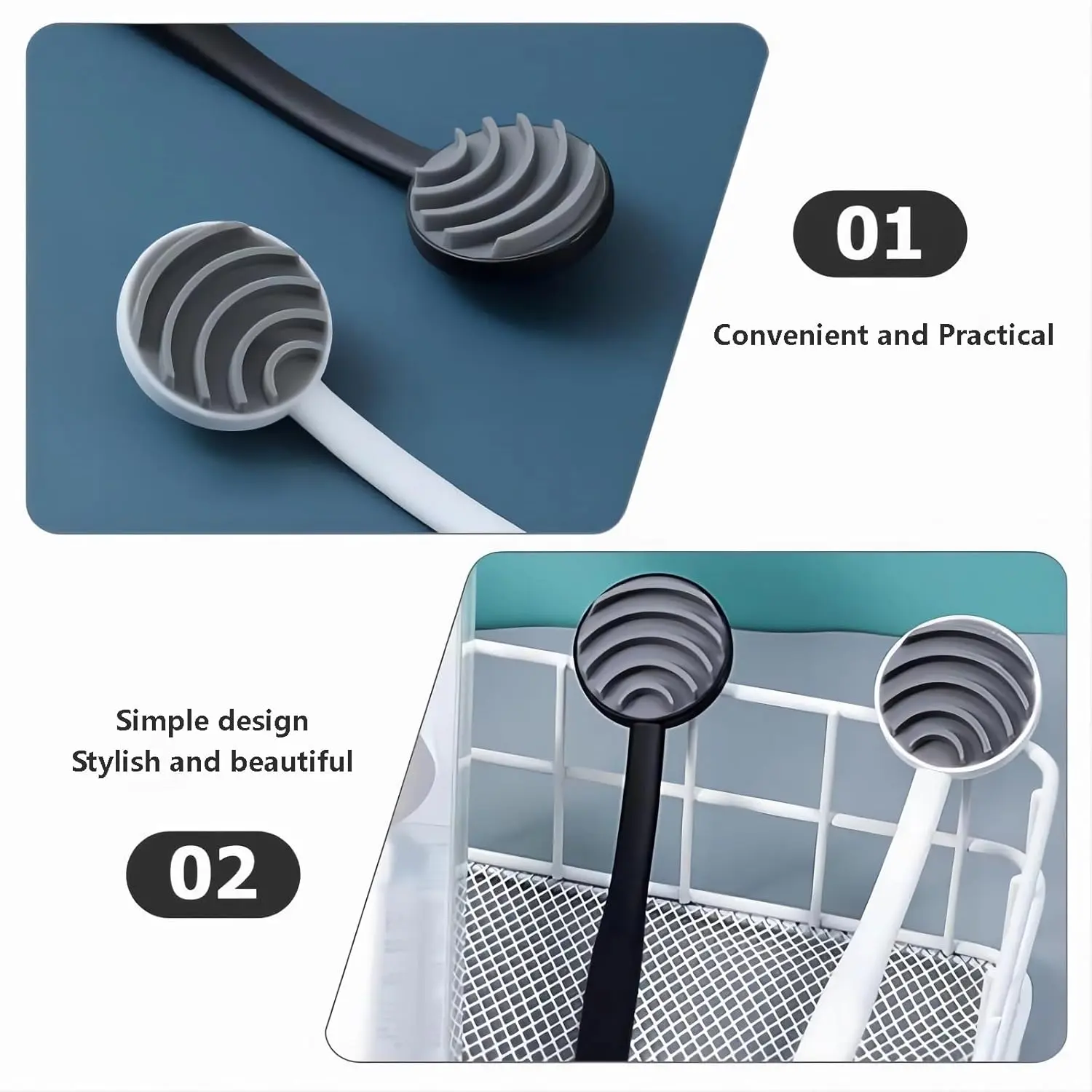 Two-pack of silicone tongue scrapers effectively removes plaque and bacteria for fresher breath and improved oral health in adults.