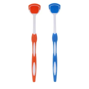 This pack includes two tongue scraper brushes for adults, in blue and orange, designed to remove debris and freshen breath.