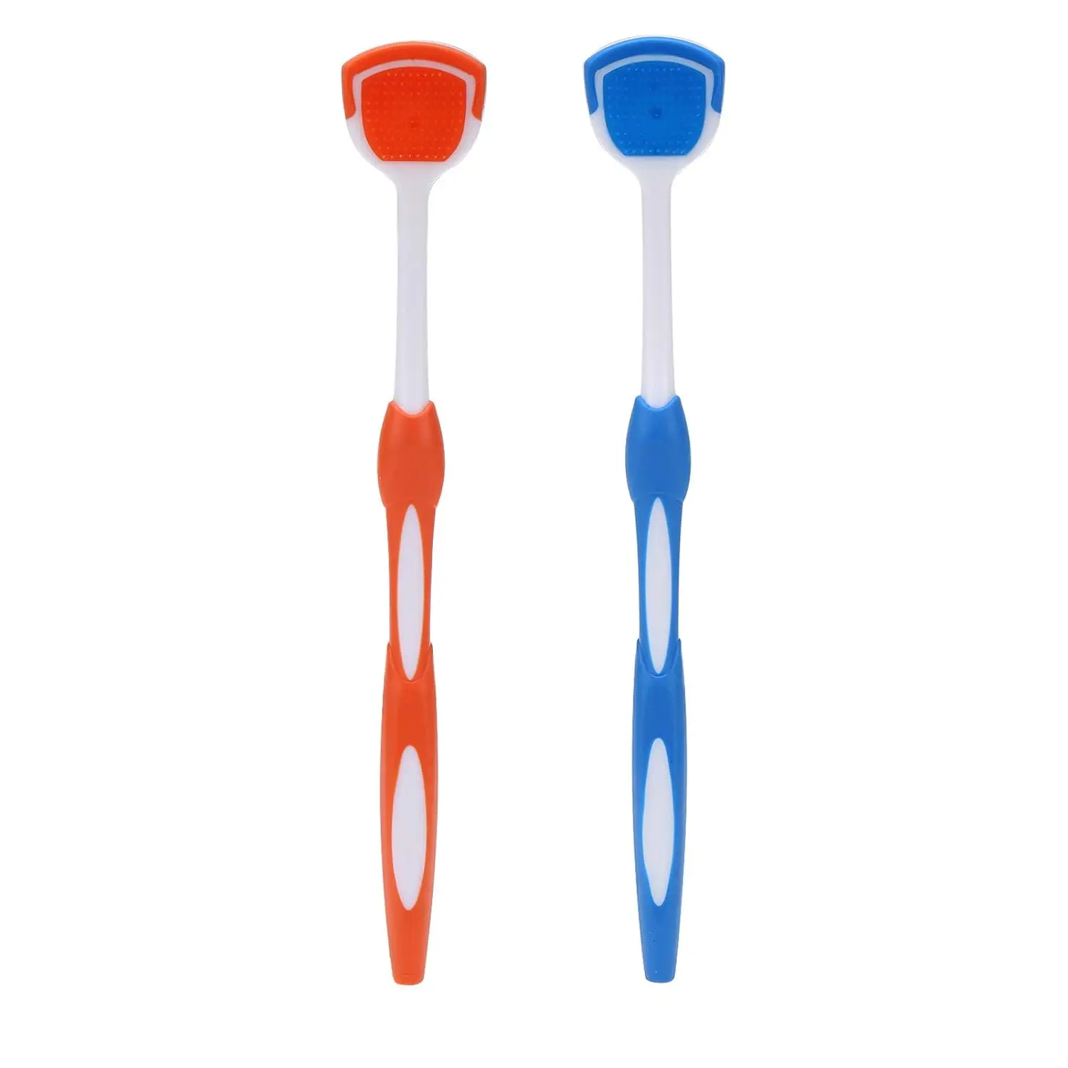 This pack includes two tongue scraper brushes for adults, in blue and orange, designed to remove debris and freshen breath.