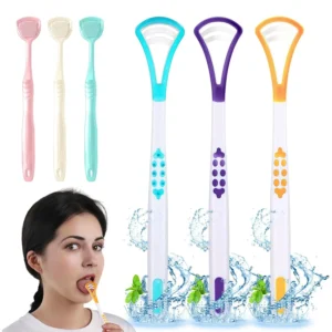 This pack of six tongue scraper brushes for adults features a double-sided, curved design with three layers of scrapers and a non-slip handle to effectively clean the tongue and freshen breath.