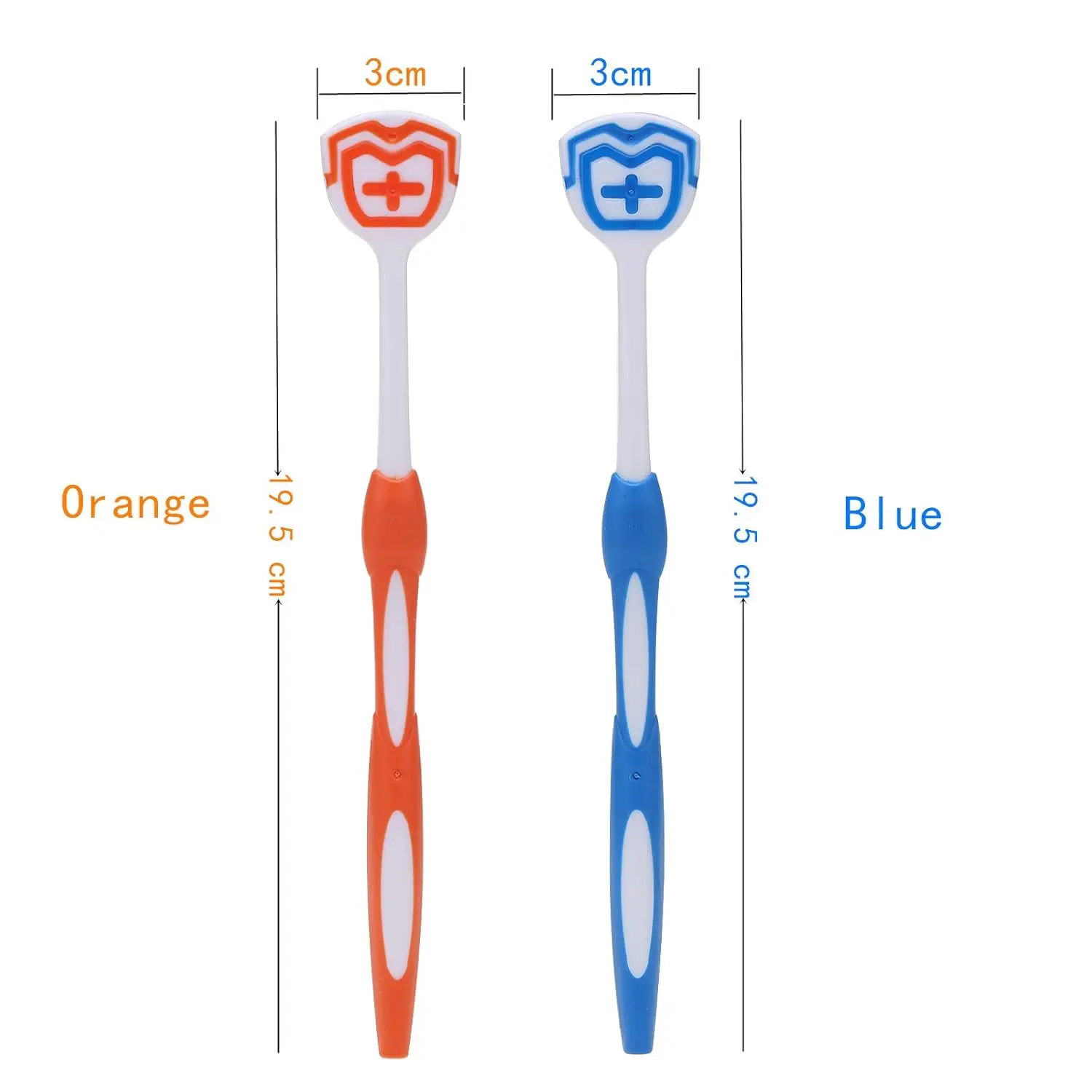 This pack includes two tongue scraper brushes for adults, in blue and orange, designed to remove debris and freshen breath.