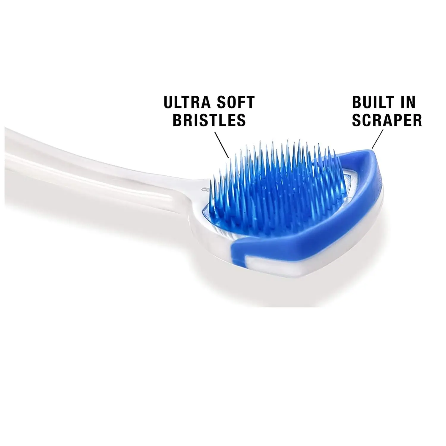 This pack includes two tongue scraper brushes for adults, in blue and orange, designed to remove debris and freshen breath.