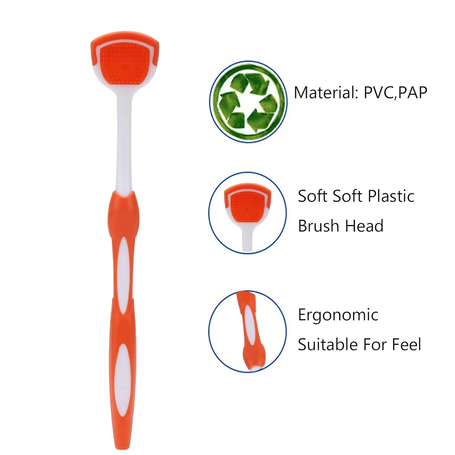 This pack includes two tongue scraper brushes for adults, in blue and orange, designed to remove debris and freshen breath.