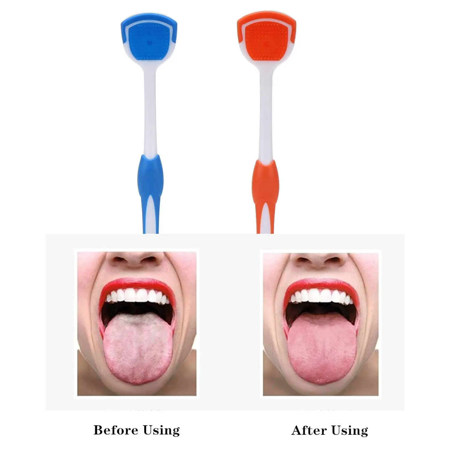 This pack includes two tongue scraper brushes for adults, in blue and orange, designed to remove debris and freshen breath.