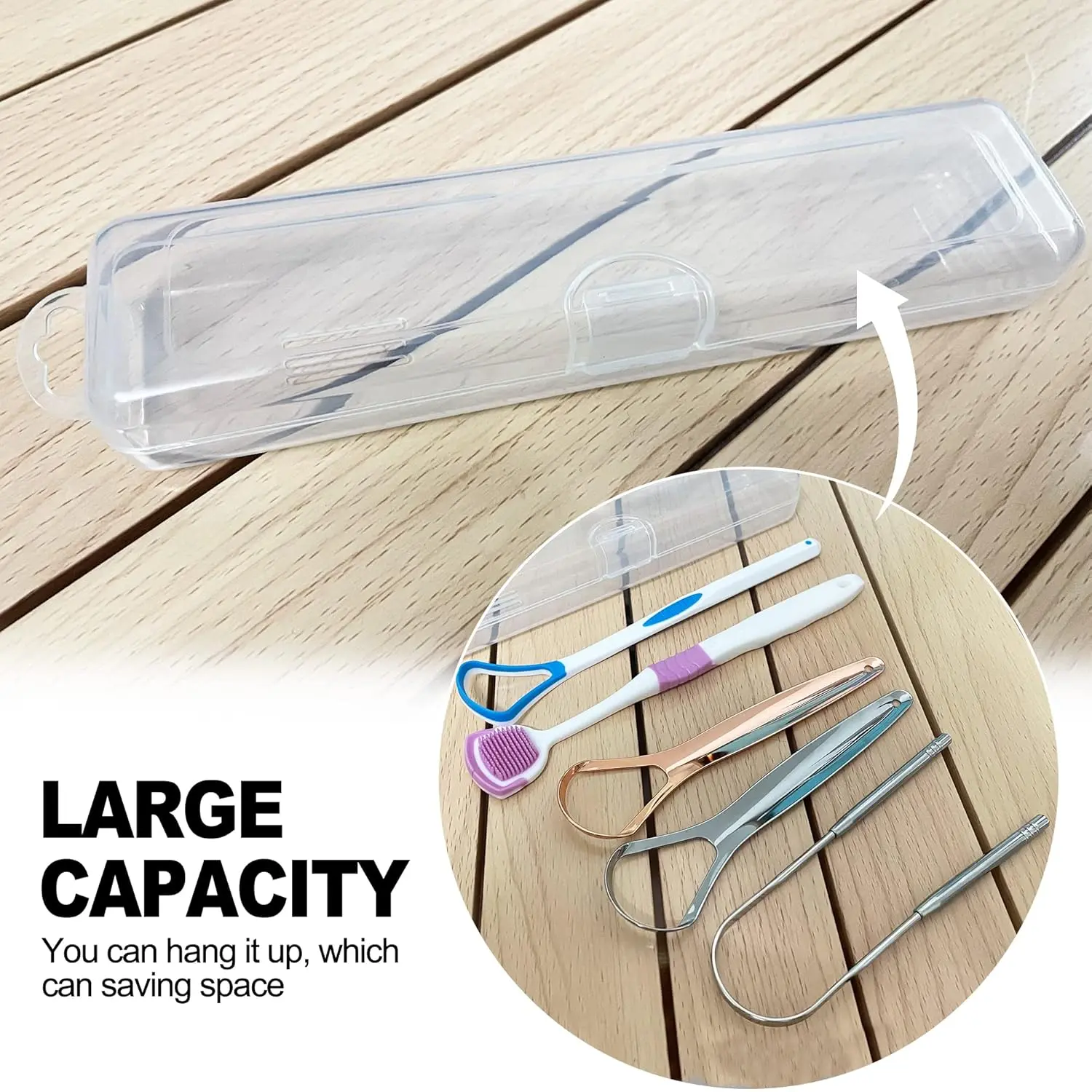 Two clear plastic tongue scraper cases are displayed, perfect for travel and keeping your oral hygiene tools clean and dust-free.
