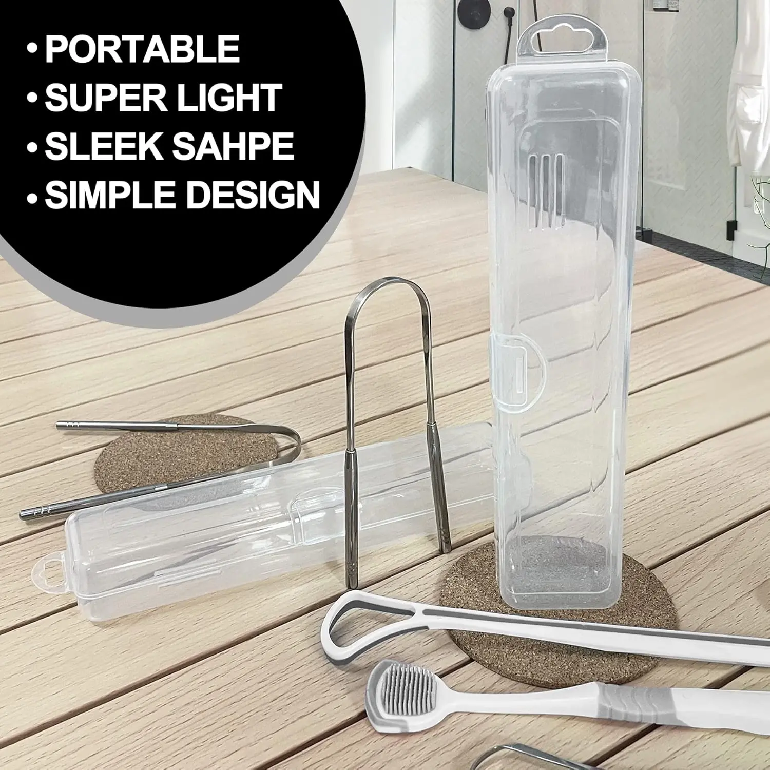 Two clear plastic tongue scraper cases are displayed, perfect for travel and keeping your oral hygiene tools clean and dust-free.