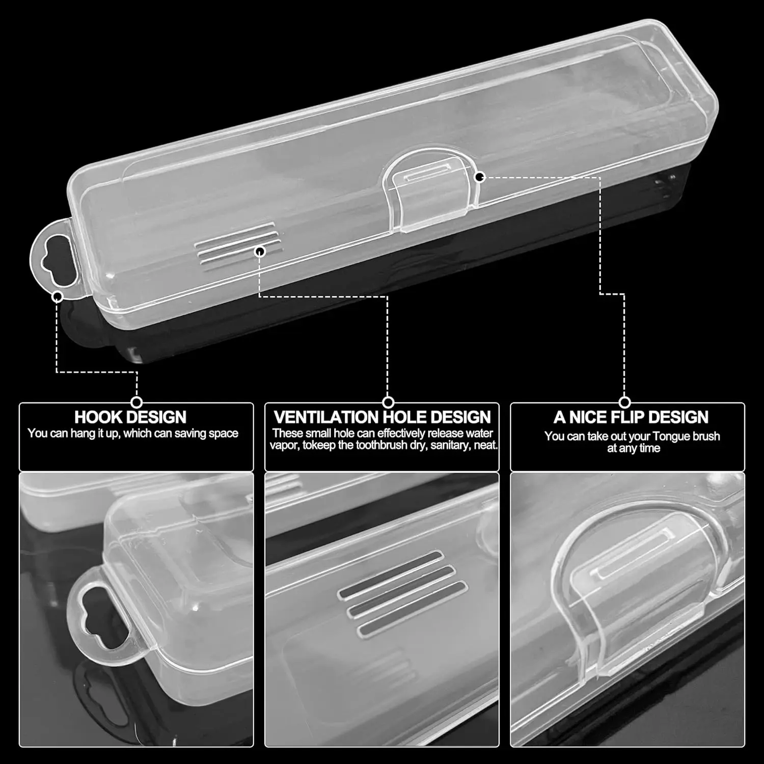 Two clear plastic tongue scraper cases are displayed, perfect for travel and keeping your oral hygiene tools clean and dust-free.