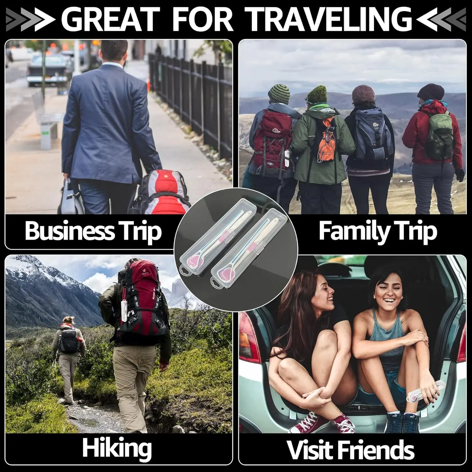 This image shows two clear plastic tongue scraper cases, perfect for travel and storage of tongue scrapers and other small items.