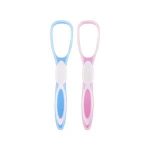 This image shows a 2 pack of tongue scrapers designed to reduce bad breath and improve oral health for adults and kids.