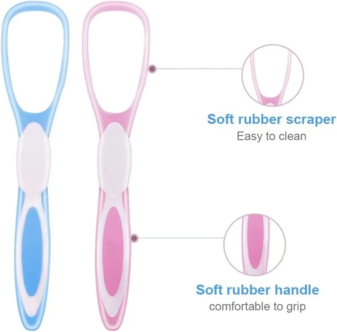 This image shows a 2 pack of tongue scrapers designed to reduce bad breath and improve oral health for adults and kids.